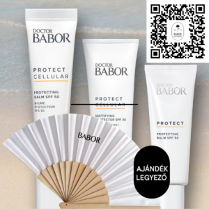 Doctor Babor Protect Cellular fényvédő termékek – Protecting Balm SPF 50 és Mattifying Protector SPF 30 – a képen BABOR logós legyezővel és QR-kóddal.