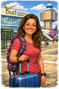 Utazás Évivel – karikatúra a budapesti repülőtéren indulás előtt
